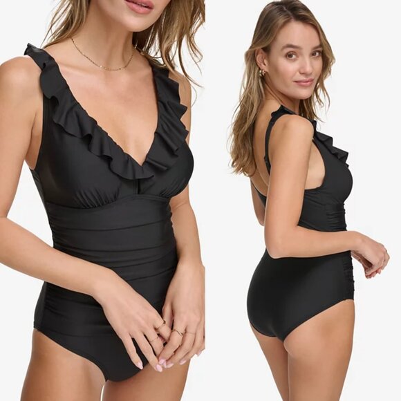 Dkny Other - Plus DKNY Ruffle Plunge Underwire Tummy Control One-Piece Swimsuit Sz 18